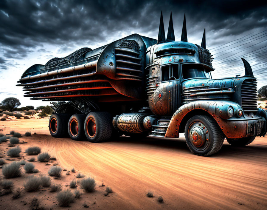 Futuristic truck with oversized exhausts in desert storm.