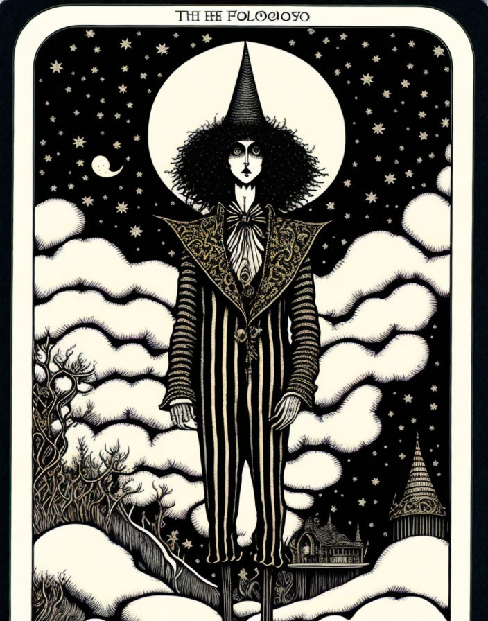 Mystical figure in pointed hat under starry sky with crescent moon, surrounded by trees and