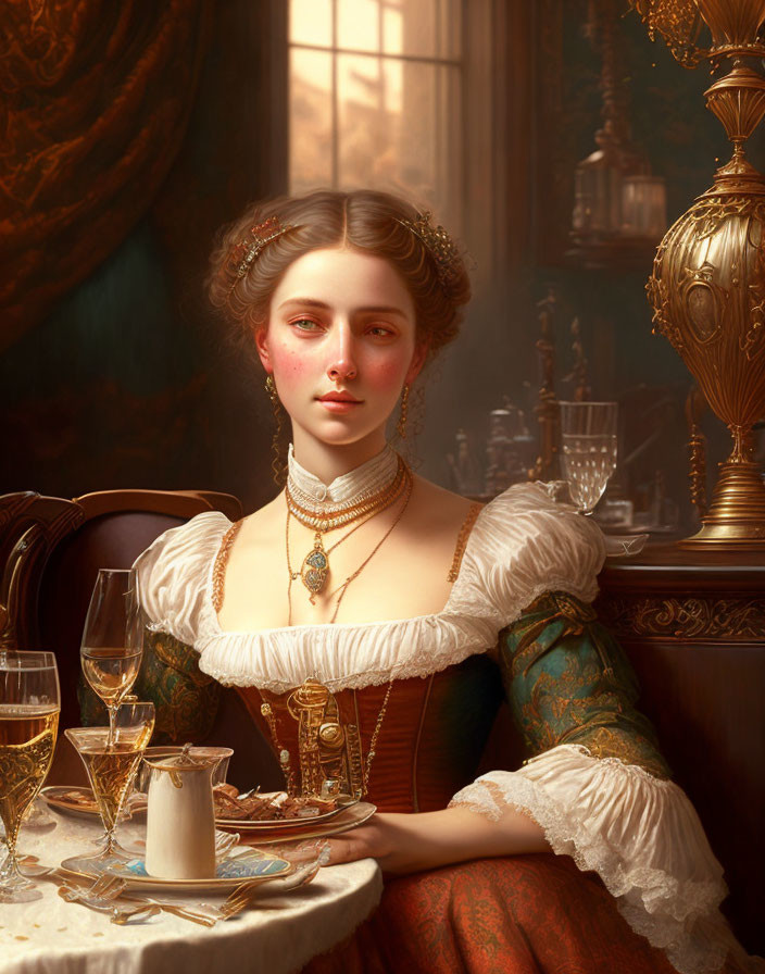 Vintage portrait of woman in classic attire at elegant table