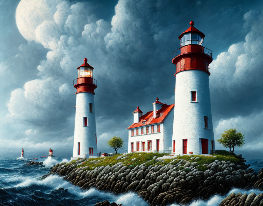 Rocky shore with two lighthouses, turbulent seas, and dramatic sky.