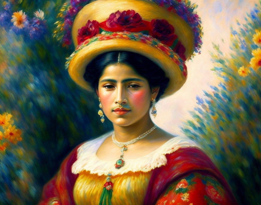 Portrait of woman with large brimmed hat, floral dress, and pearl necklace