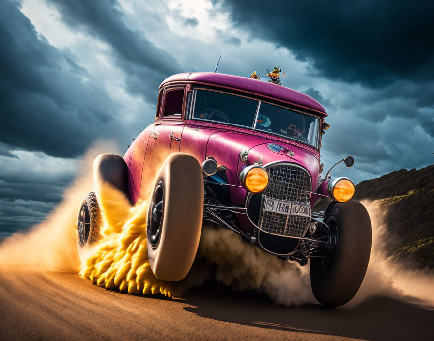 Purple vintage hot rod with flame details speeding under dramatic cloudy sky