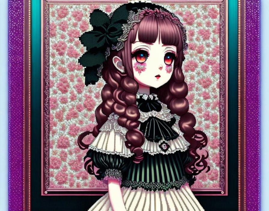 Illustrated girl in black Lolita dress with large eyes and curly hair on floral backdrop