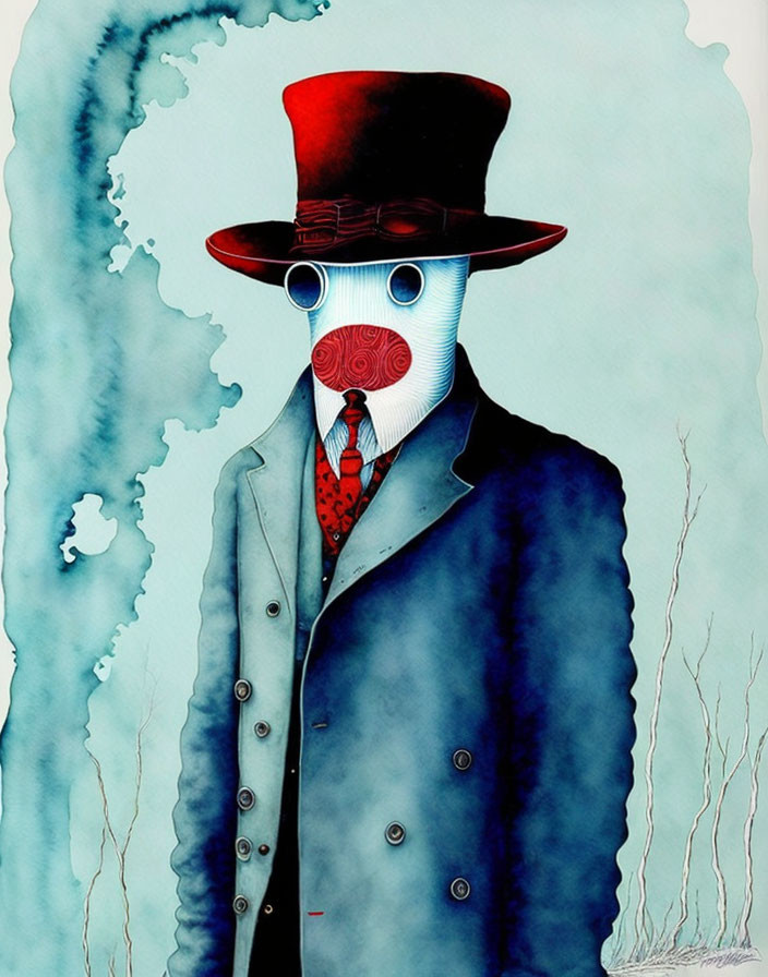 Whimsical character with spiral-eyed mask in top hat and formal attire on blue watercolor.