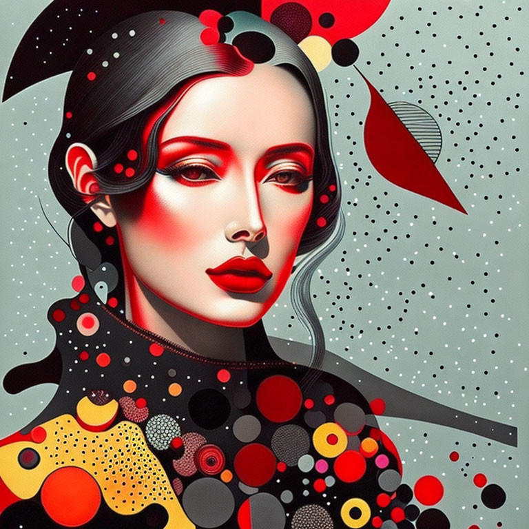 Stylized woman with red lips in patterned dress, vibrant red and black color palette