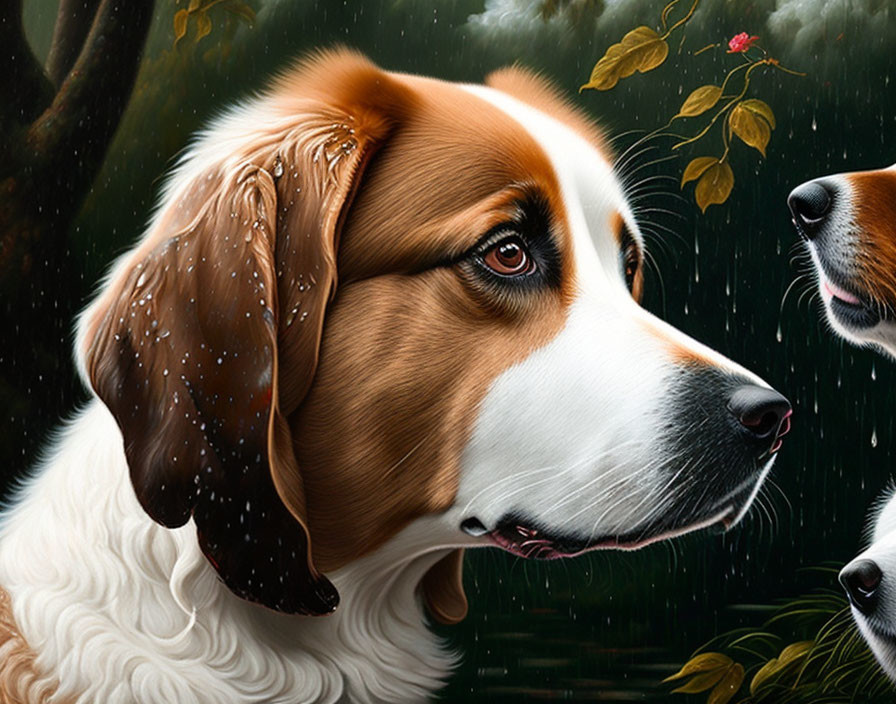 Brown and White Dog with Droplets on Fur in Close-Up Illustration