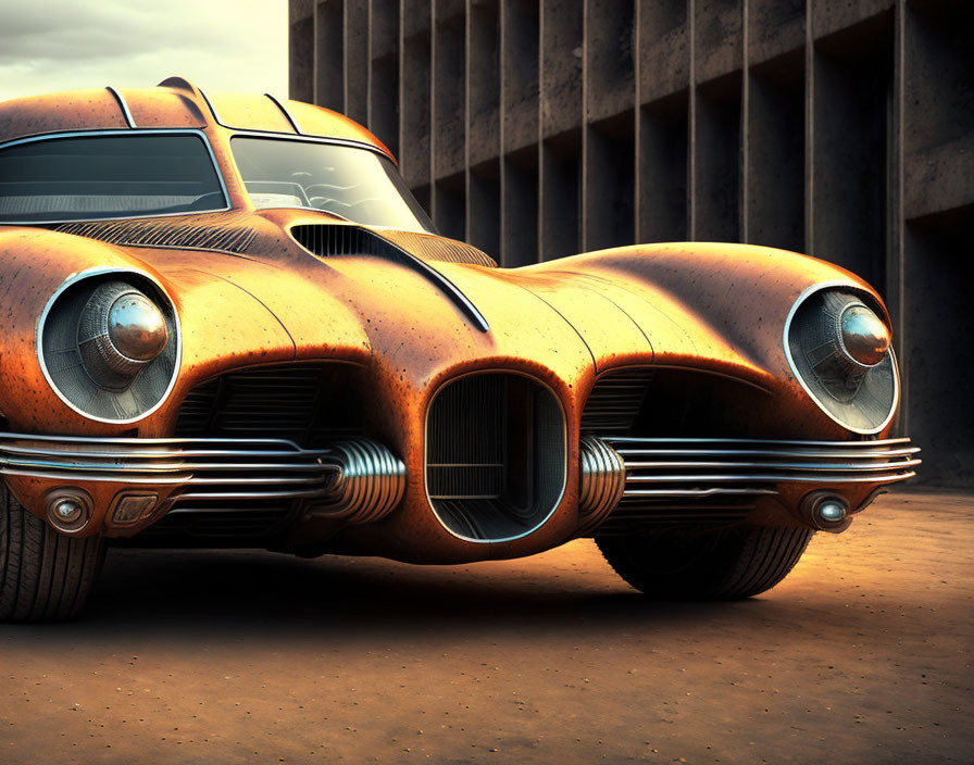 Classic Orange Car Parked by Concrete Building with Round Headlights and Distinctive Grille