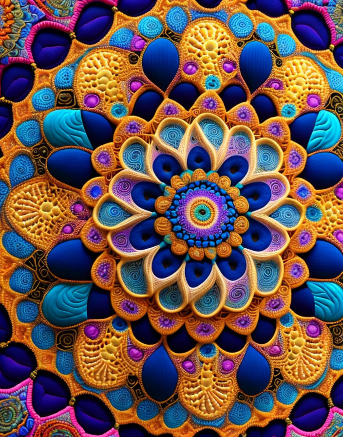 Colorful Digital Fractal Mandala in Blues, Yellows, and Purples