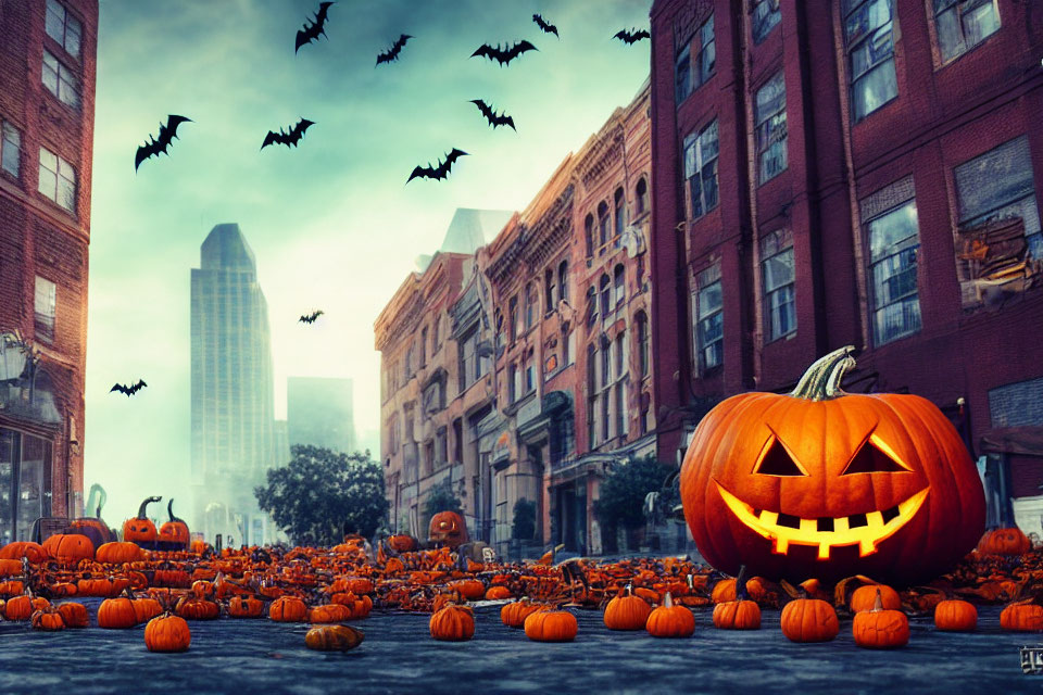 Spooky Halloween scene with carved pumpkin, small pumpkins, city buildings, and bats