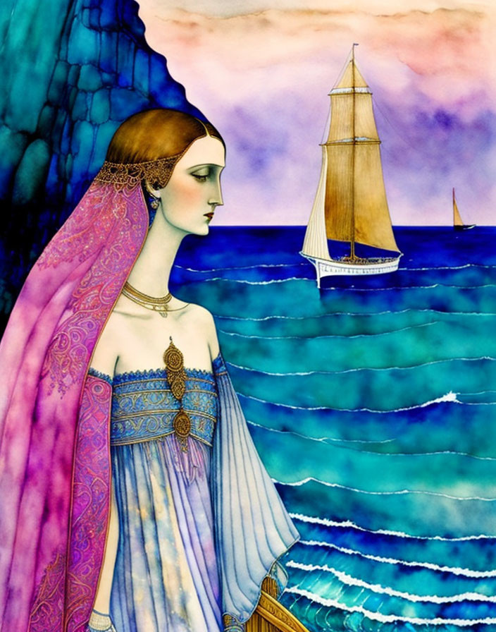 Colorful illustration of woman in Grecian attire by the sea