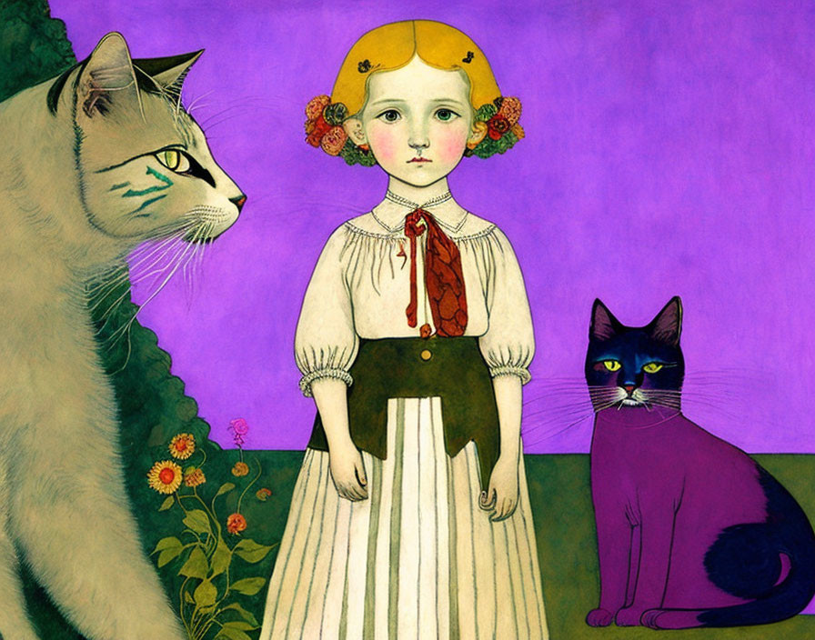 Illustration of solemn girl with cats on purple background