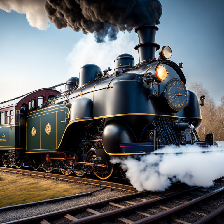 Vintage Black Steam Locomotive Emitting Smoke and Steam on Tracks at Dusk