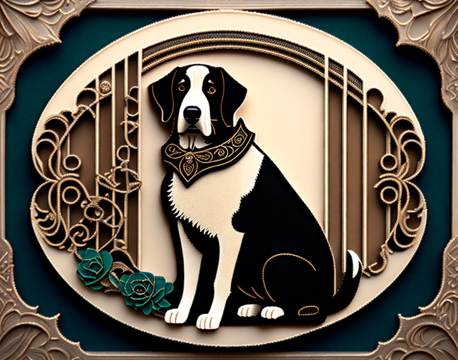 Stylized black and white dog graphic on ornate oval backdrop