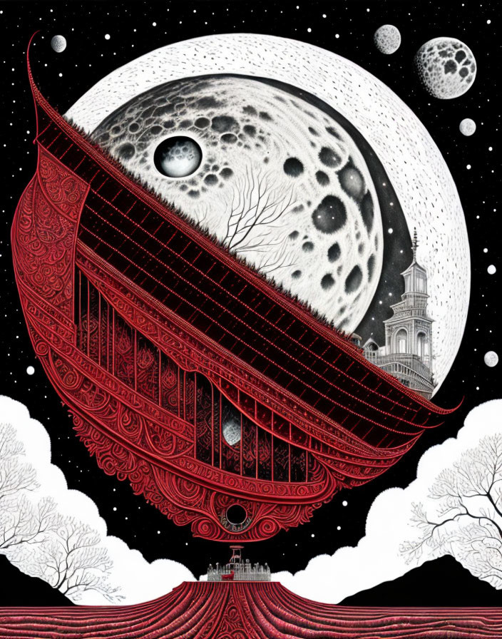 Surrealist red-etched ship sailing among moons and stars in monochrome palette