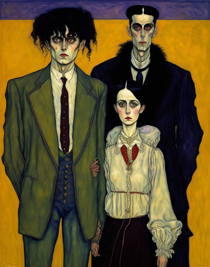 Three individuals in vintage attire with dark makeup on pale faces against a vibrant yellow backdrop.