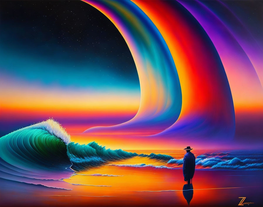 Surreal beach scene with lone figure and vibrant wave