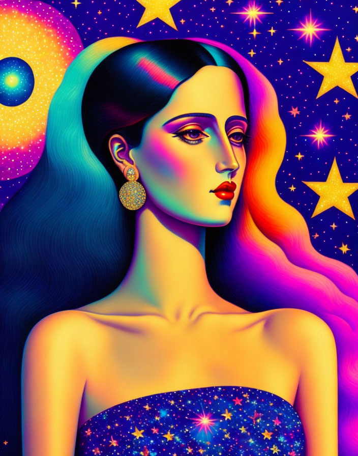 Colorful Woman with Flowing Hair in Cosmic Setting