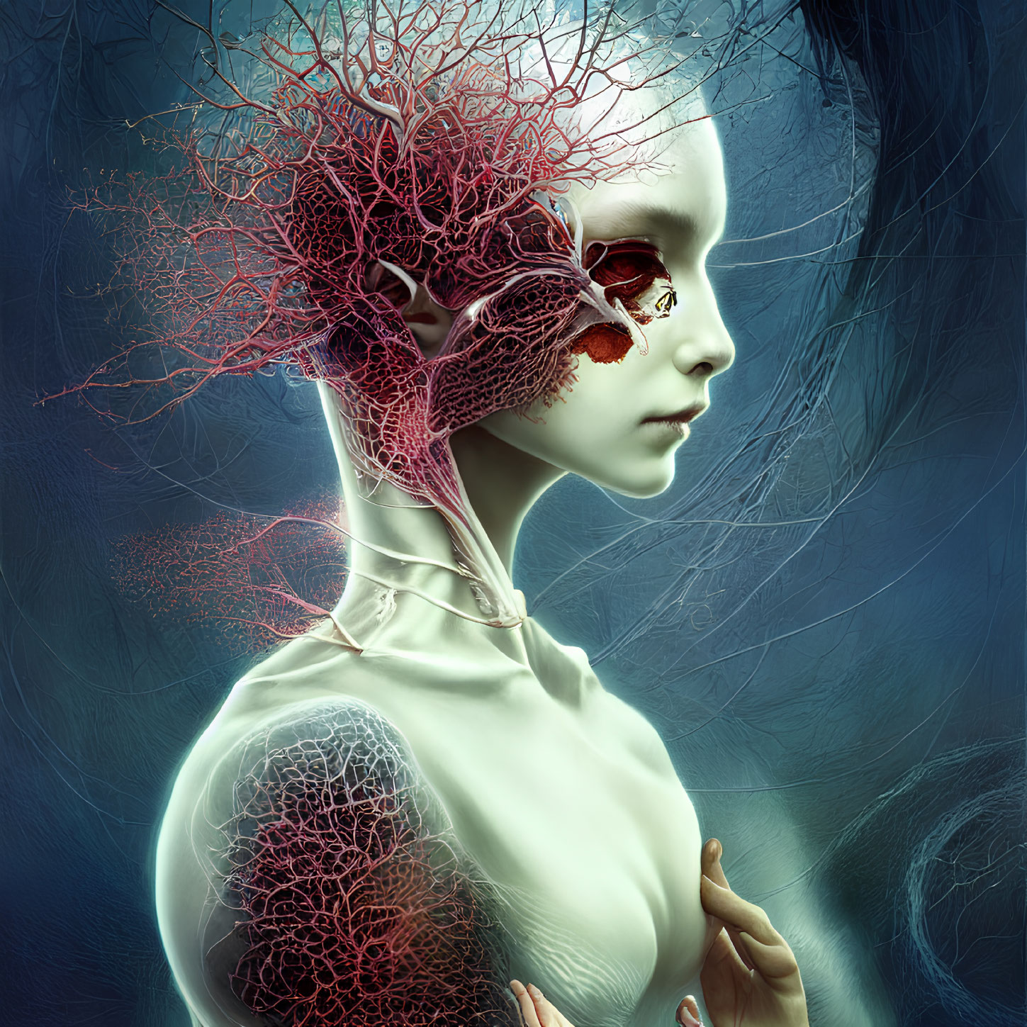 Humanoid Figure with Exposed Red Vascular Systems on Blue Background