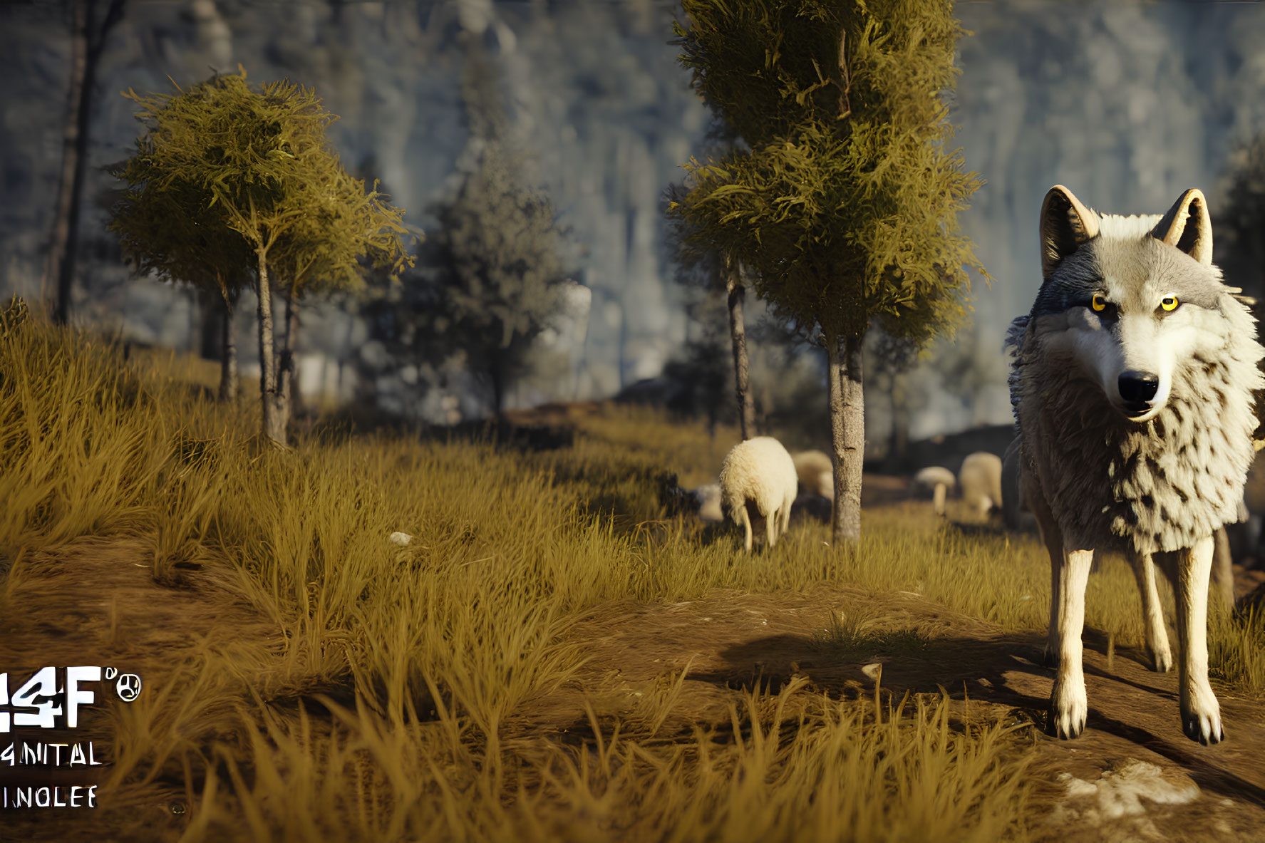 Sunlit forest clearing: Wolf and sheep contrast