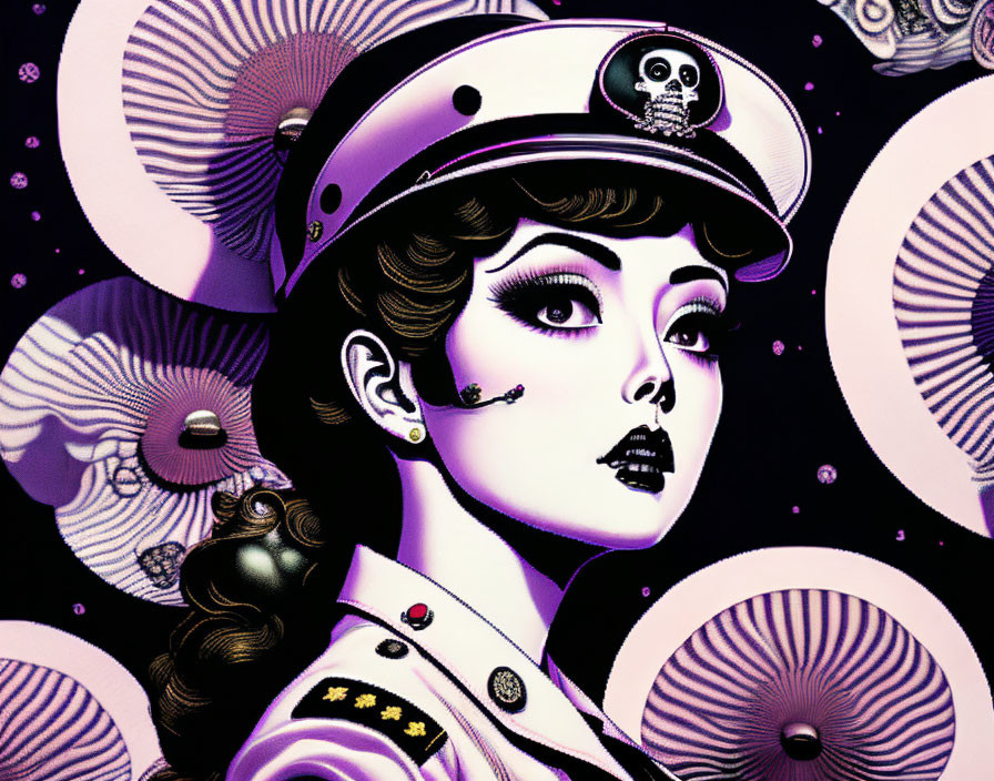 Vintage military attire woman illustration with skull cap on psychedelic background