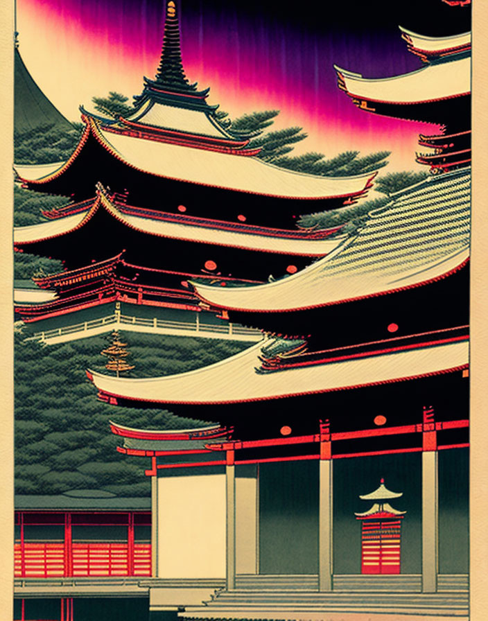 Traditional Japanese pagoda at sunset with multiple eaves on purple sky