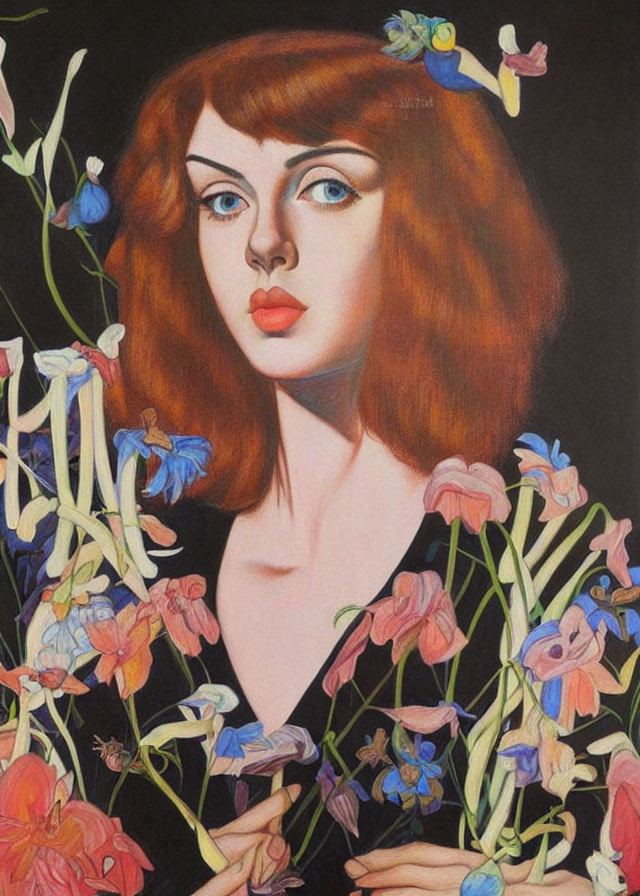 Portrait of Woman with Auburn Hair Among Colorful Flowers and Bird