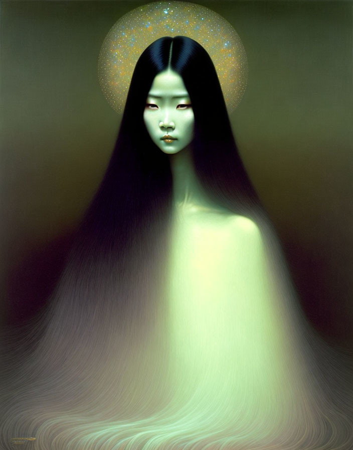 Digital painting of woman with long black hair and golden halo on dark green background