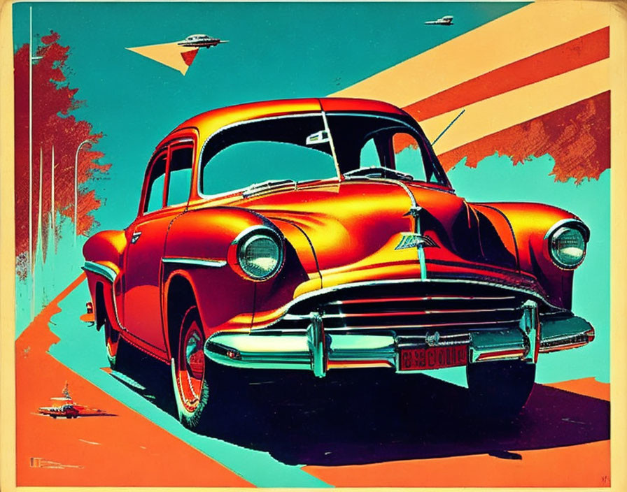 Vintage Red Car on Colorful Geometric Background with Trees and Flying Saucers