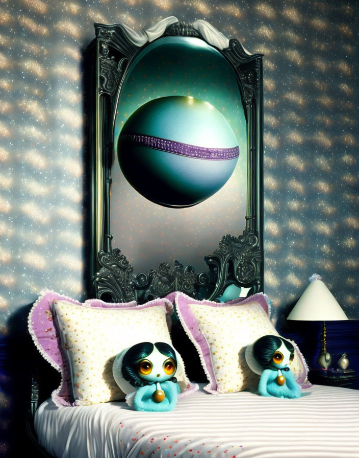 Surreal bedroom with large ornate mirror and floating ringed planet