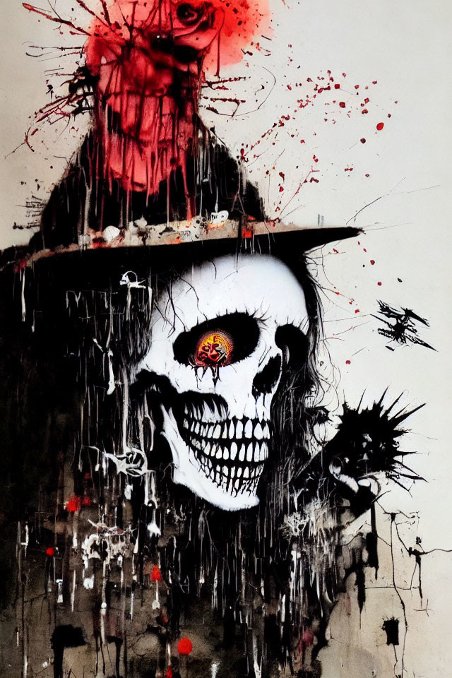 Colorful graffiti-style artwork of a skull with a top hat in red and black paint splatters