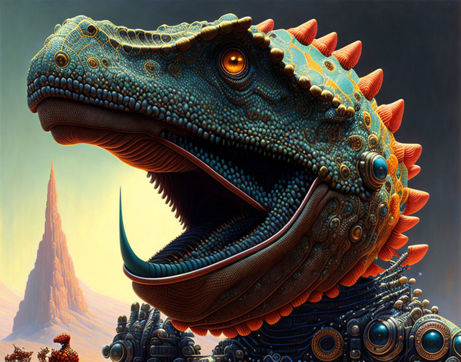 Detailed Artwork: Mechanized Dinosaur with Orange Eyes in Mountainous Setting