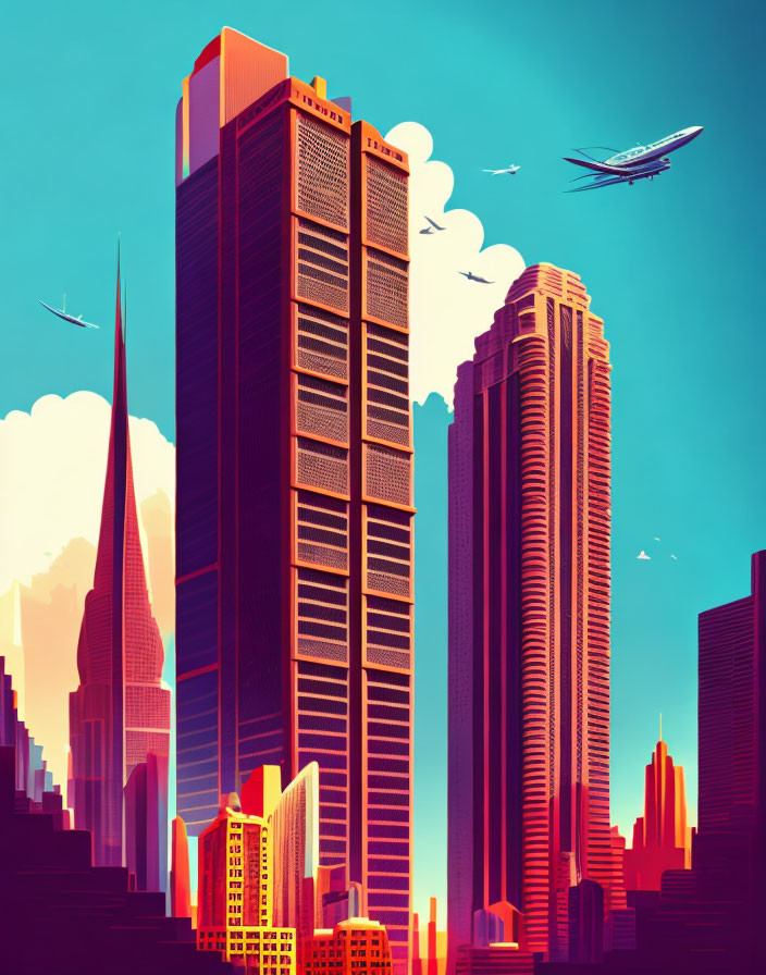 Vibrant futuristic cityscape with skyscrapers and airplane