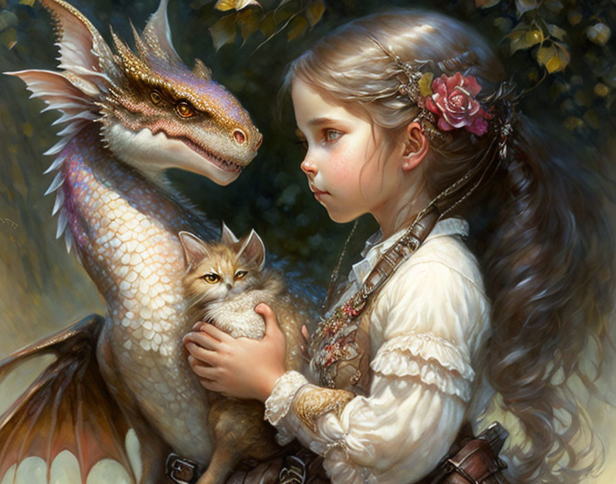 Young girl in historical clothing with cat and gentle dragon in fantastical scene