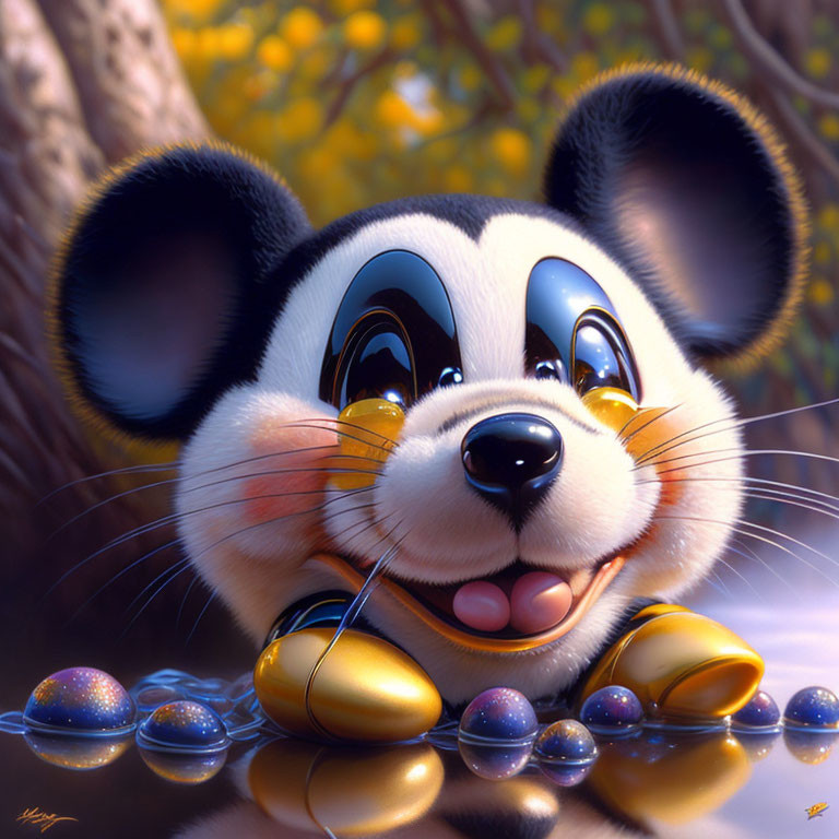 Stylized animated panda with glossy eyes among marbles and flowers