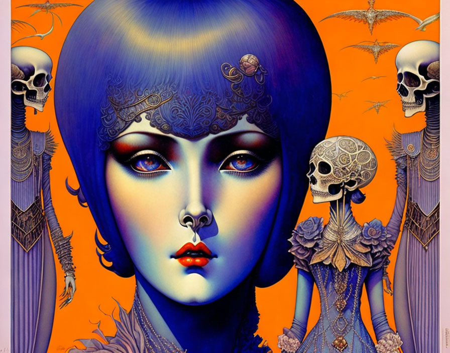 Stylized purple woman with ornate headpiece and skull motifs on orange backdrop