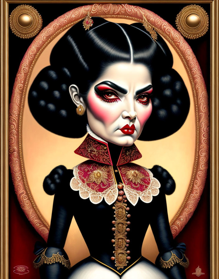 Stylized woman in Victorian attire with intense gaze and ornate oval border