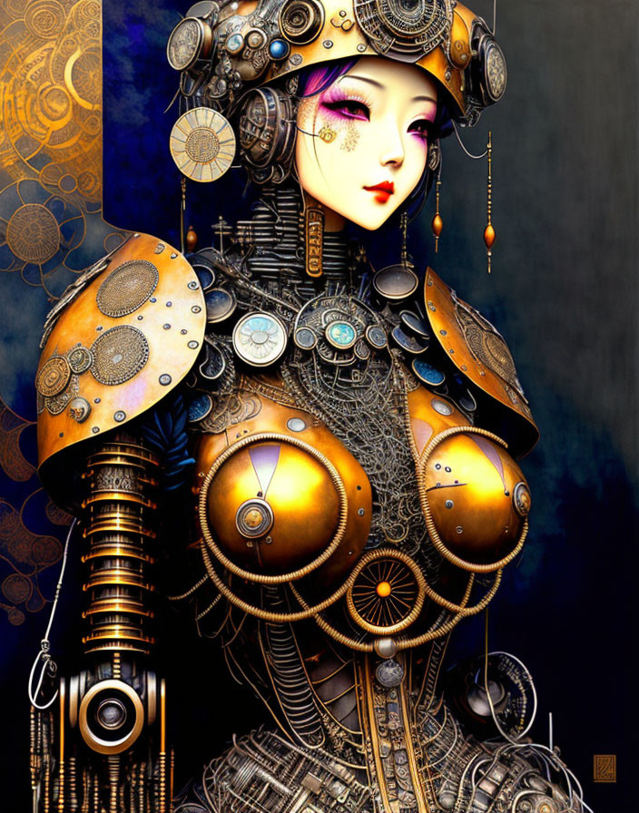 Steampunk robotic female figure with intricate gears on dark background