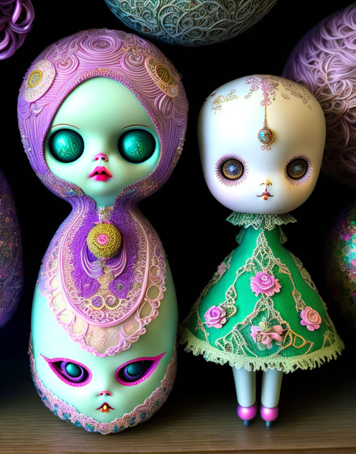 Ornate doll-like figures with intricate patterns and decorative spheres