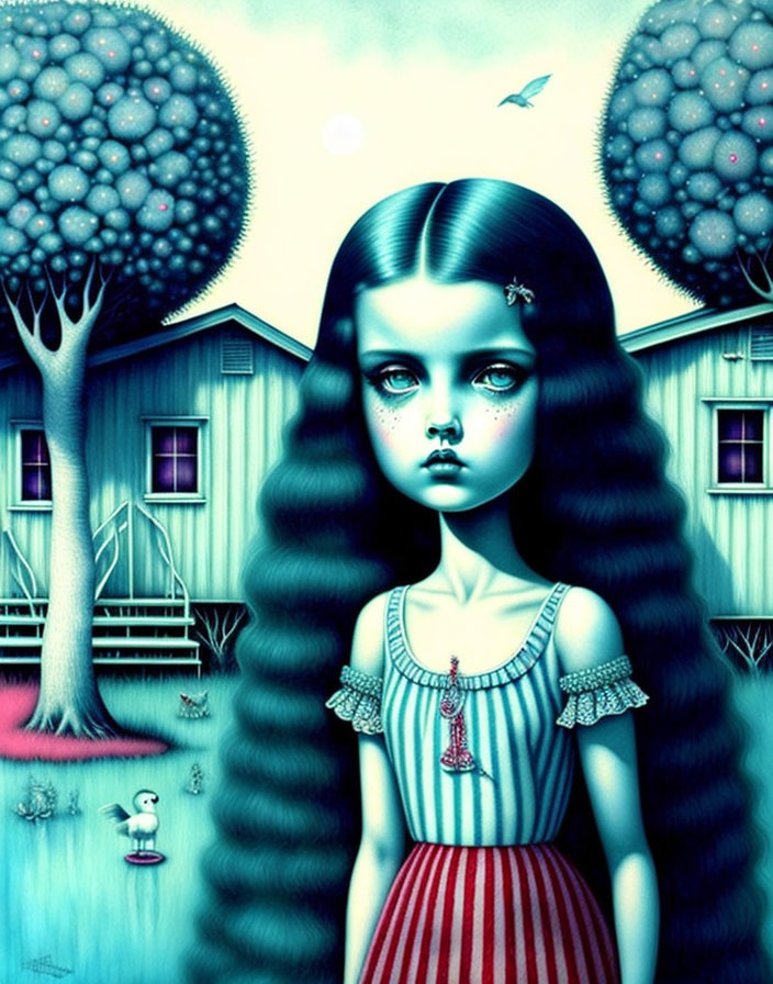 Surreal portrait of a girl with large eyes in a stylized landscape