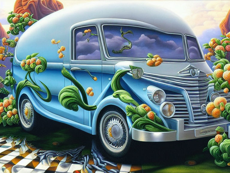 Surreal painting of classic van with organic shapes and fruit details