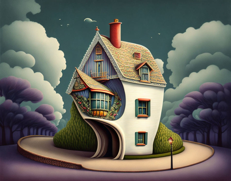 Curved two-story house with red chimney in whimsical cartoon style