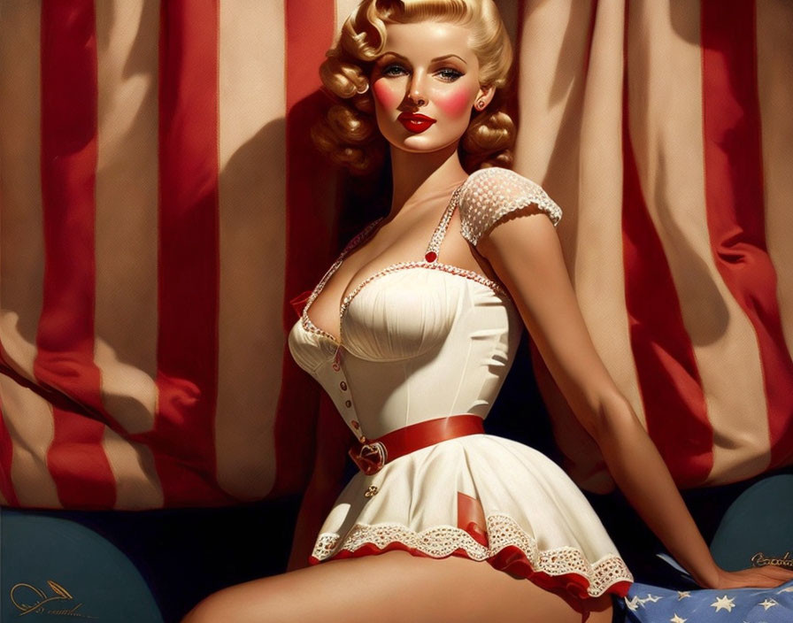 Stylized vintage pin-up illustration of glamorous woman in red and white attire