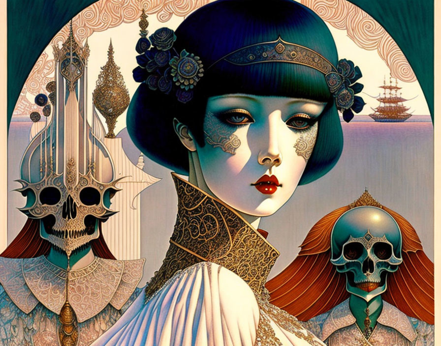 Woman in stylized makeup and attire with skull motifs, nautical elements, and intricate patterns in surreal