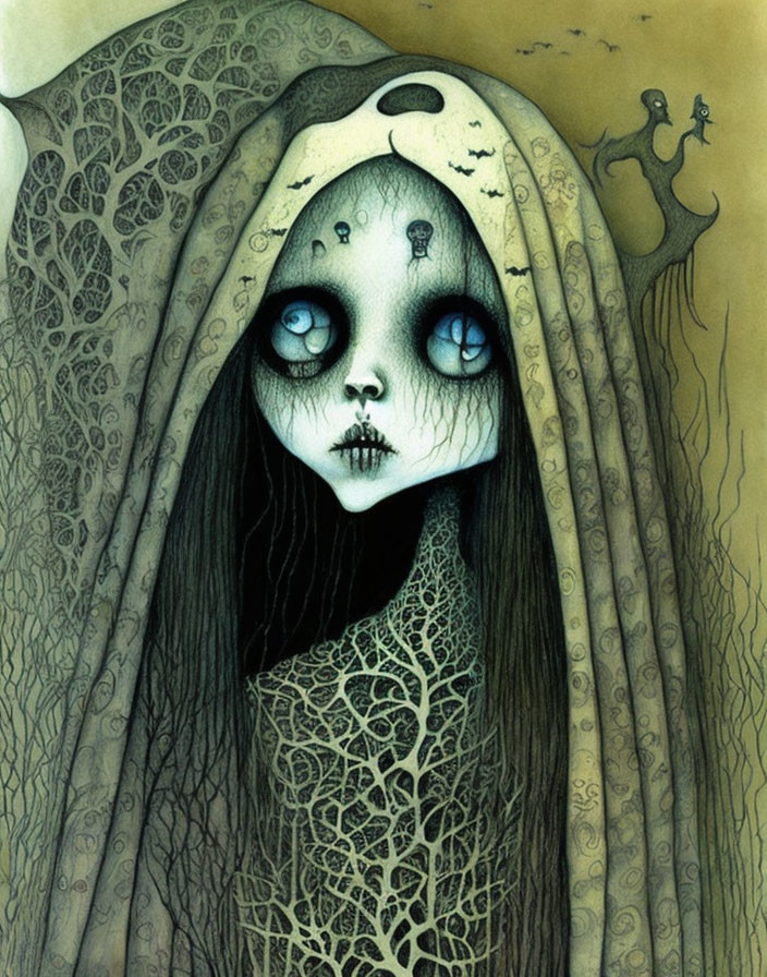 Illustration of girl with dark eyes, pale skin, veiled in tree-like patterns; surreal,