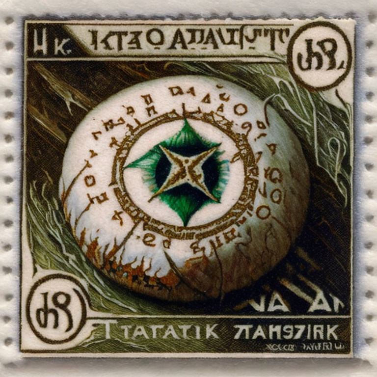 Intricate Eye Postage Stamp with Cryptic Symbols and Star