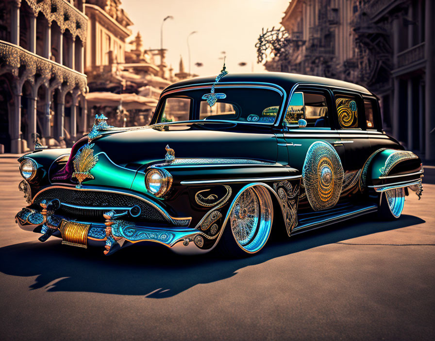 Vintage Black Car with Turquoise and Gold Patterns, Chrome Detailing, and Blue Rims in Urban