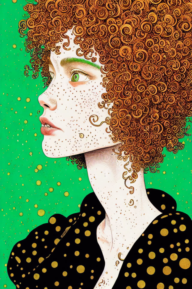 Red-haired woman with green eyes and freckles in black outfit on green background.