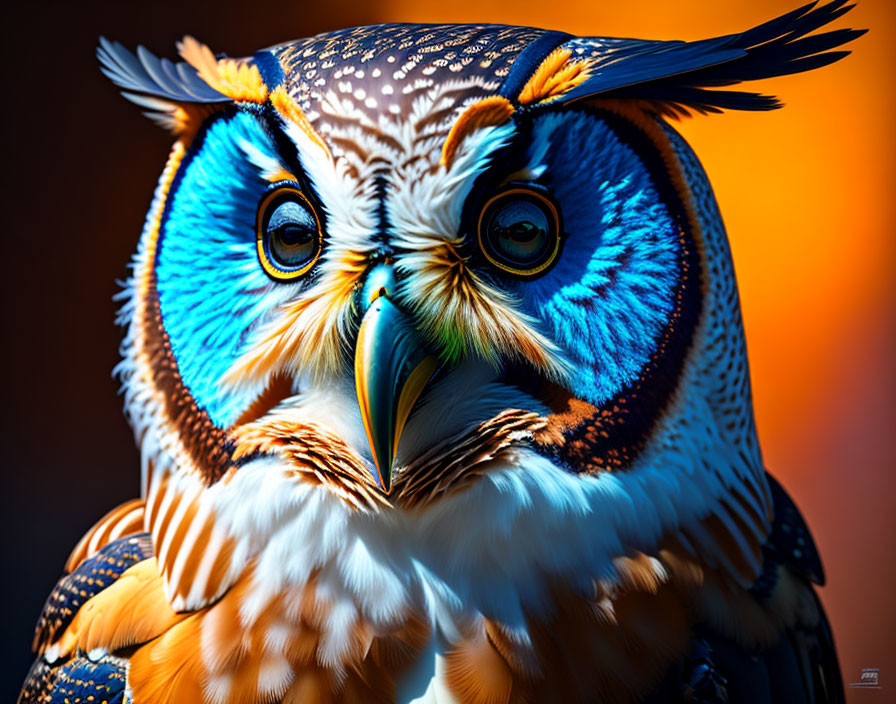 Colorful Owl with Blue and Orange Feathers and Large Eyes