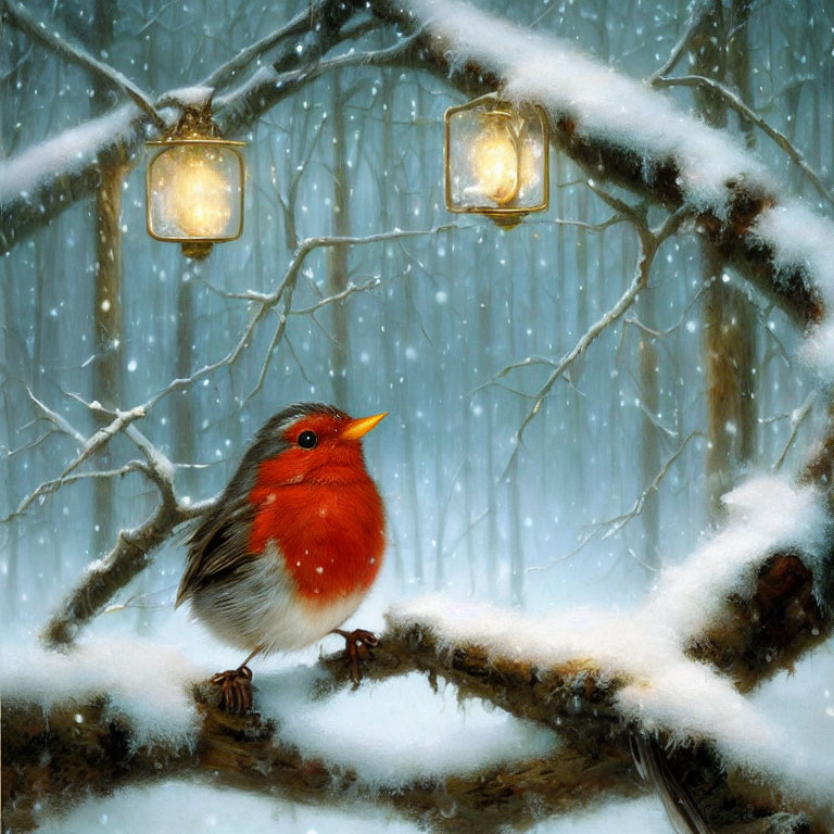 Red-Chested Bird on Snow-Covered Branch with Lanterns in Winter Scene