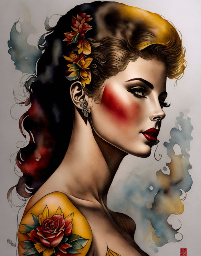 Vintage hairstyle woman with floral hair decorations and rose tattoo on shoulder in abstract background